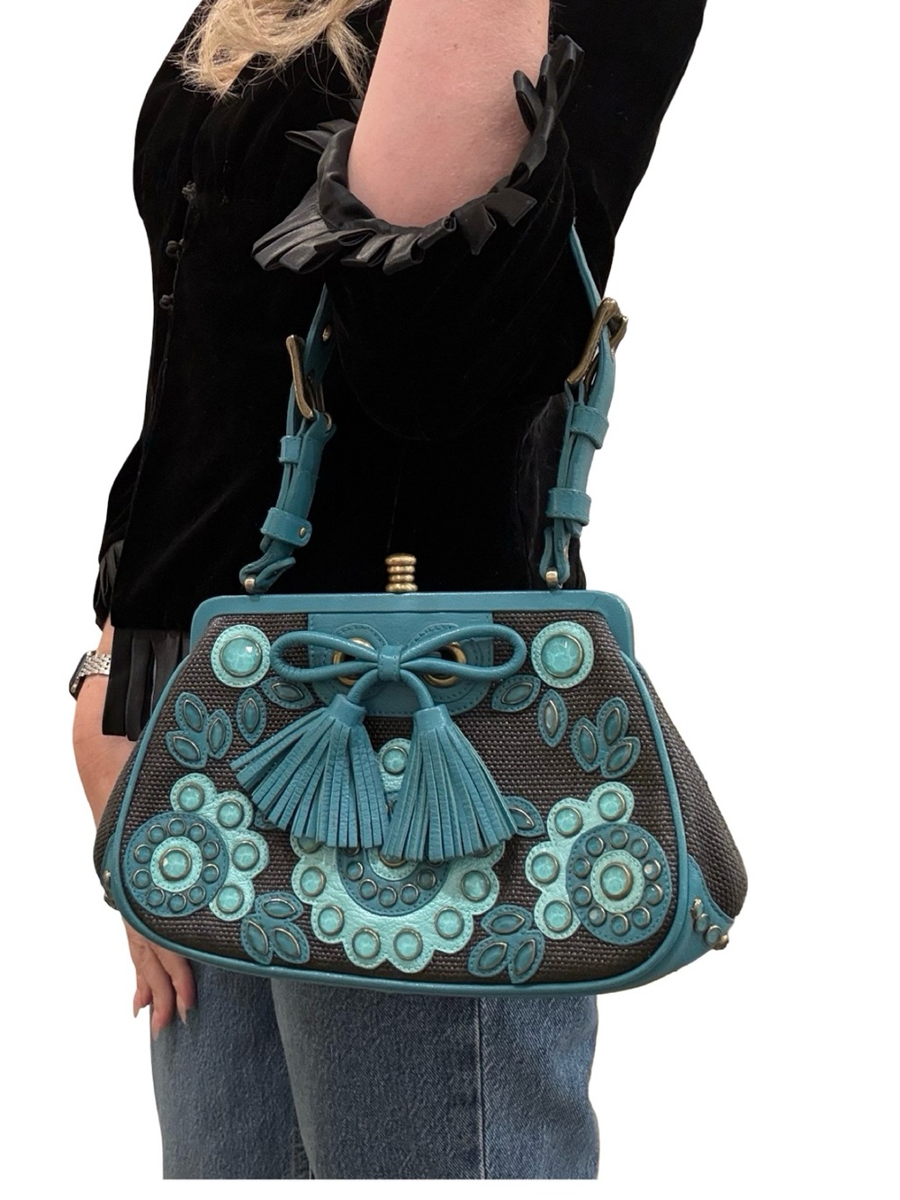 Isabella Fiore Blue Floral Embellished‎ Handbag